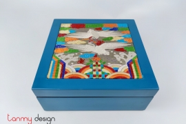 Blue square lacquer box with phoenix embroidery cap 25cm